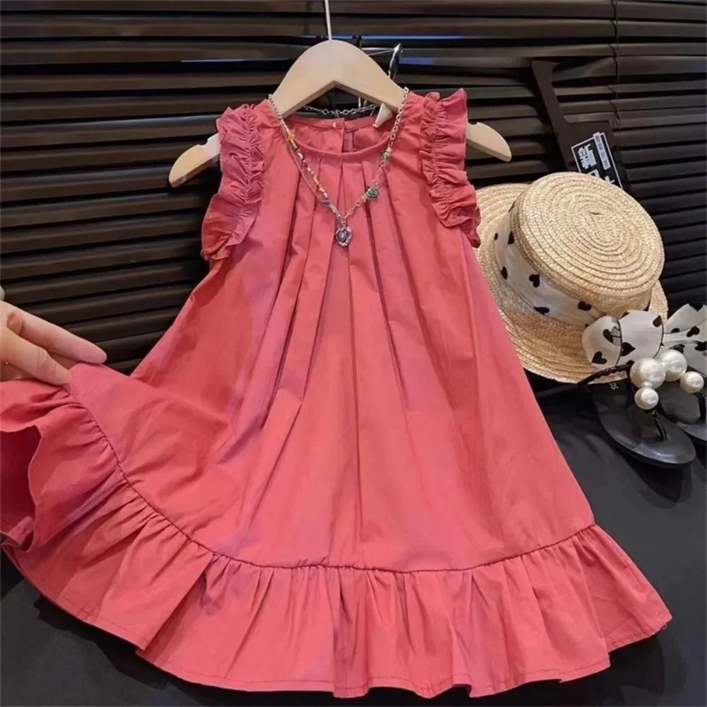 Korean Version Sleeveless Pleated Dress Solid Color Round Neck Children's Clothes Summer Kids Dresses for Girls Wear