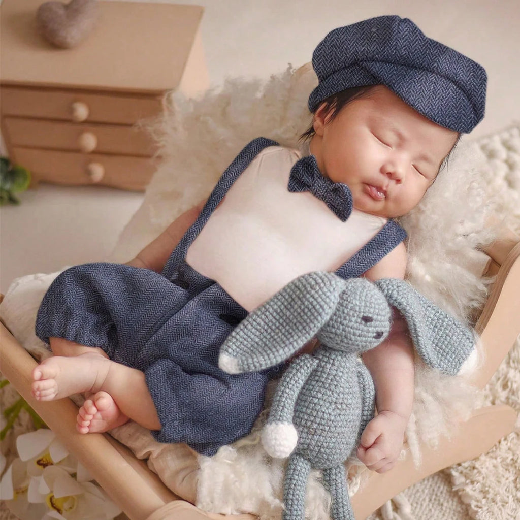 Newborn Boy Photography Outfit Baby Little Gentlman Suit Infant Shooting Suspender Overall with Casquette and Bow Tie