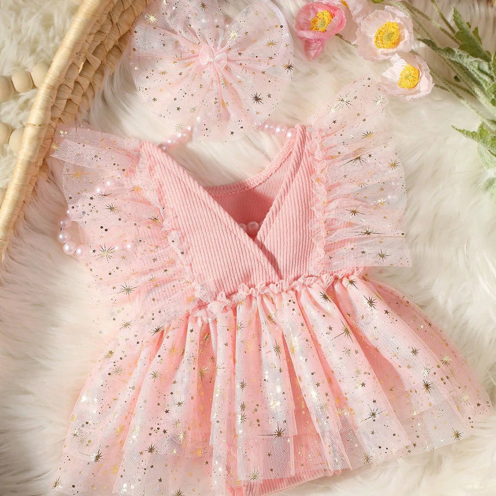 Newborn Outfit for Pictures Knitted Infant Photography Romper with Matching Headbands Mesh Dress Portrait Props