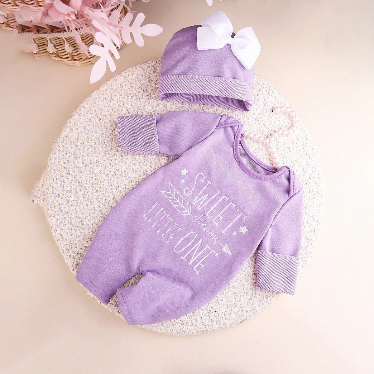 Newborn Photography Romper Jumpsuit with Bow Hat 'Hello World' Embroidery Infant Props for Coming Home Outfit Baby Gift