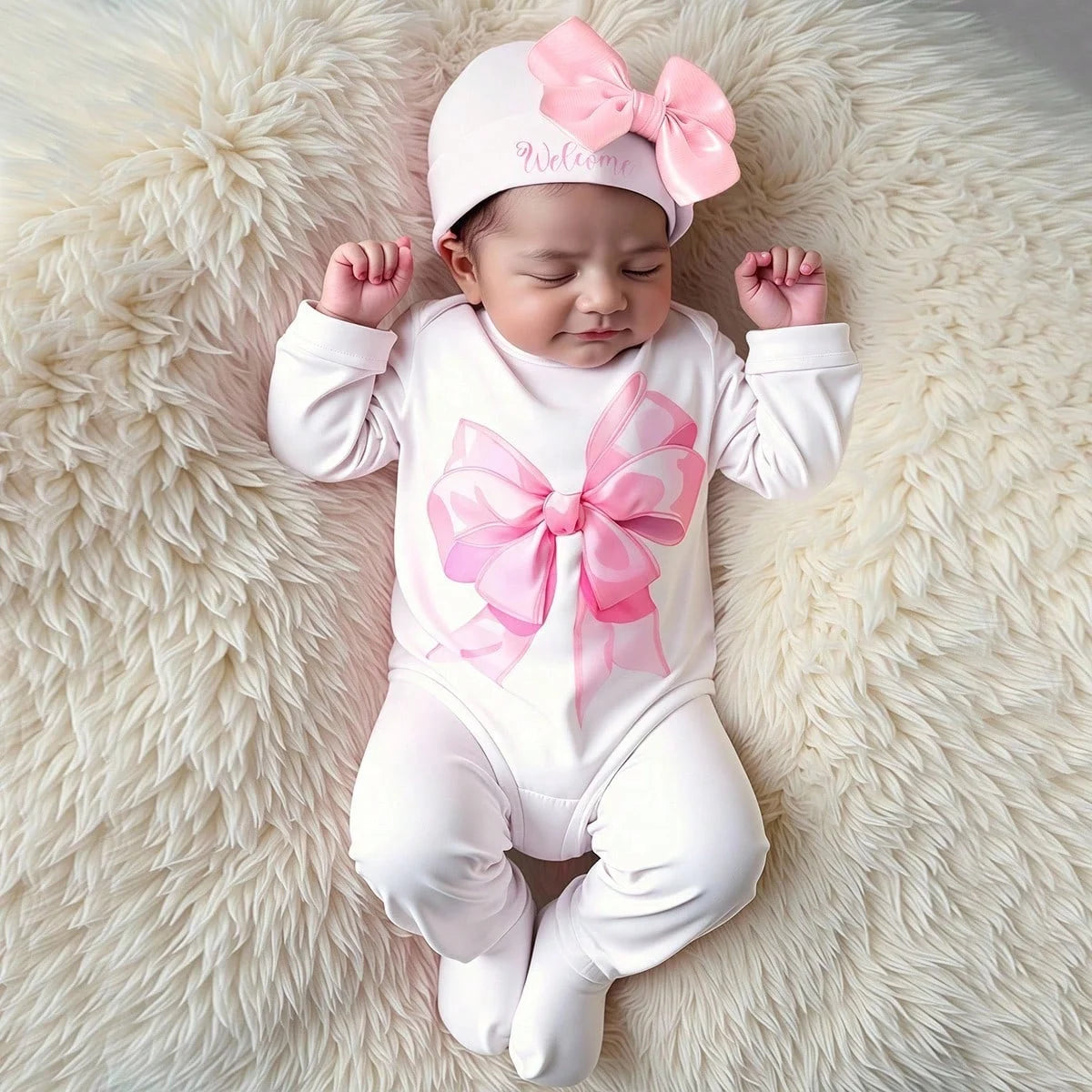 2 Pcs Set Big Bowknot Printed Newborn Girl Photography Romper Baby Long Sleeve Jumpsuit with Matching Hat Infant Props