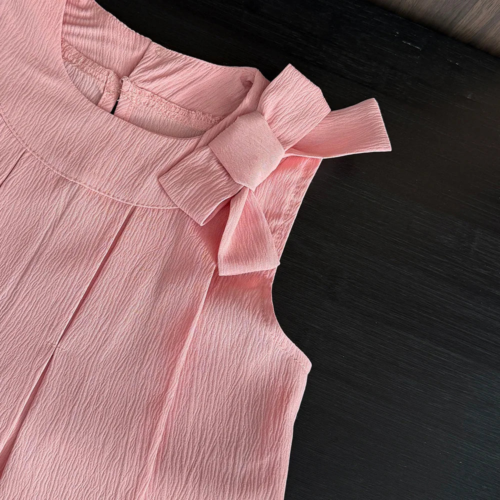 Sweet Pink Girls Clothes Summer Sleeveless Bow Decoration Pleated Vest+Shorts 2Pcst Olid Color Casual Children's Set