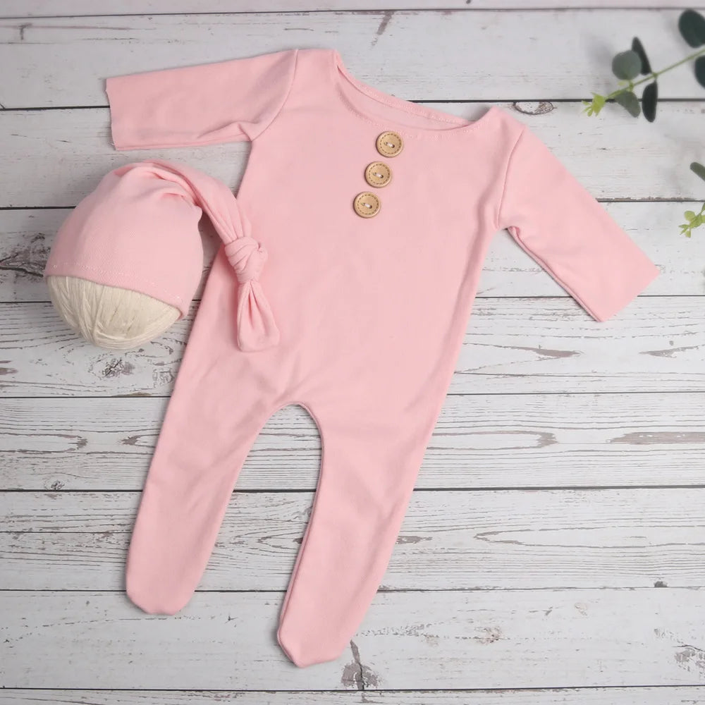 Newborn Photography Props Buttons Footed Jumpsuit with Sleepy Hat Infant Photo Props Pic Idea