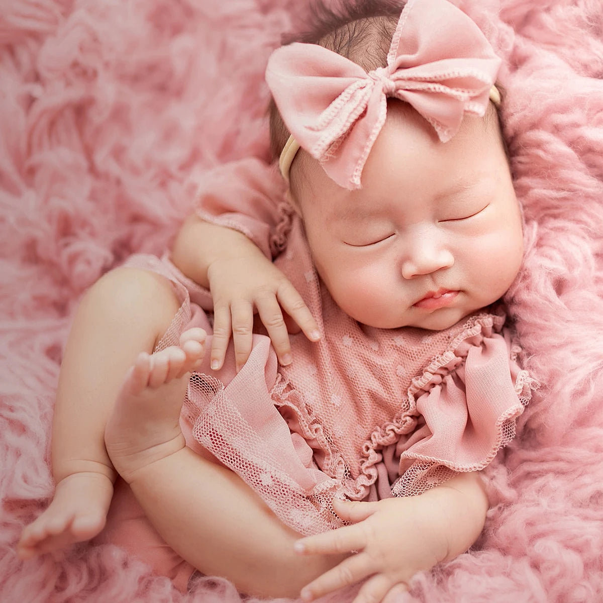 2 Pieces Set Dusty Pink Chiffon Newborn Romper with Bow Hairband Dot Lace Baby Photography Outfits