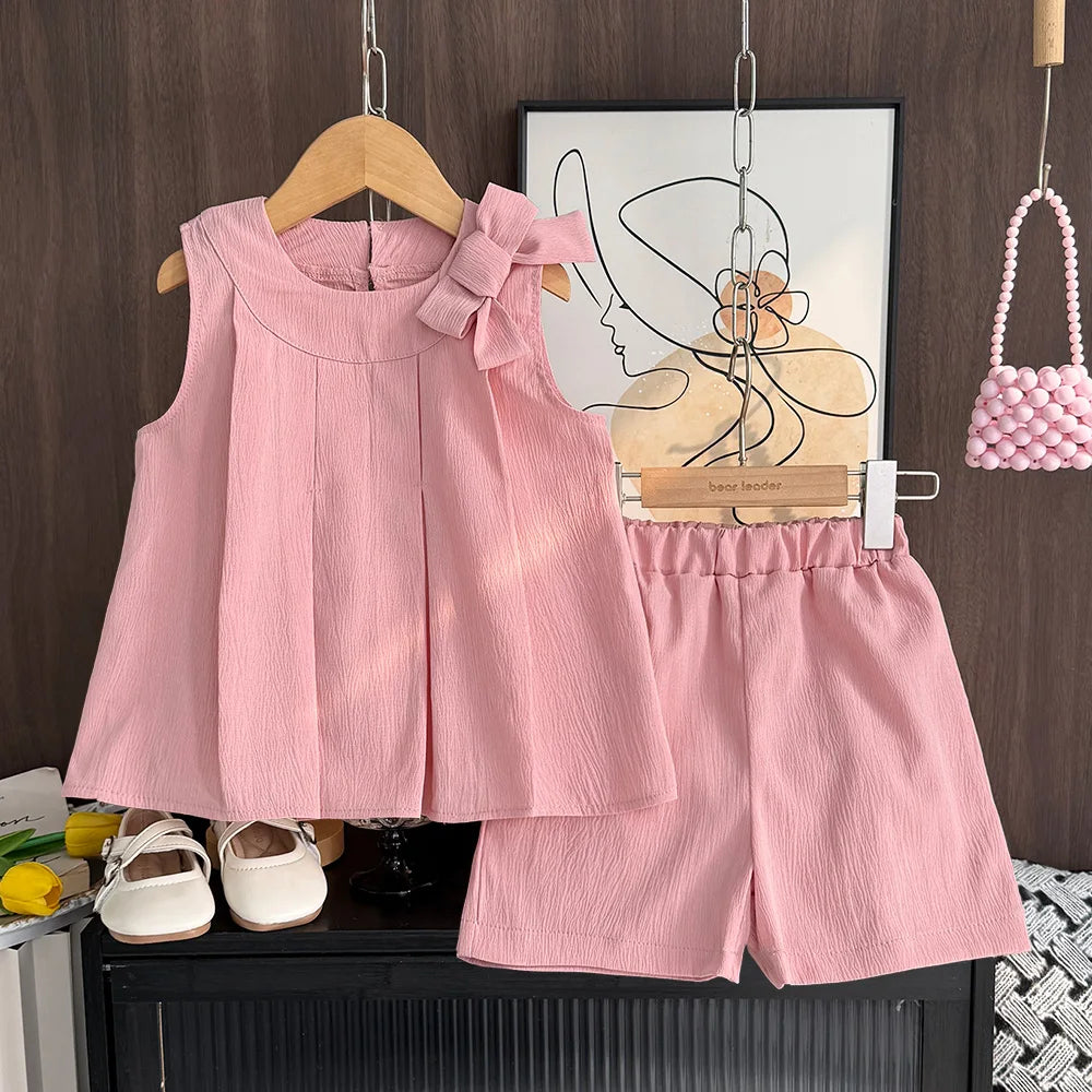 Sweet Pink Girls Clothes Summer Sleeveless Bow Decoration Pleated Vest+Shorts 2Pcst Olid Color Casual Children's Set