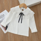Girls' White Long Sleeve Lace Pearl Bow Sweet Shirt Children's Cotton Casual Shirt