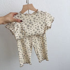 Summer Fashion New Short Sleeve Round Neck Flower Printed T-shirt Top+Pants 2 Piece Set Kids Casual Home Clothes