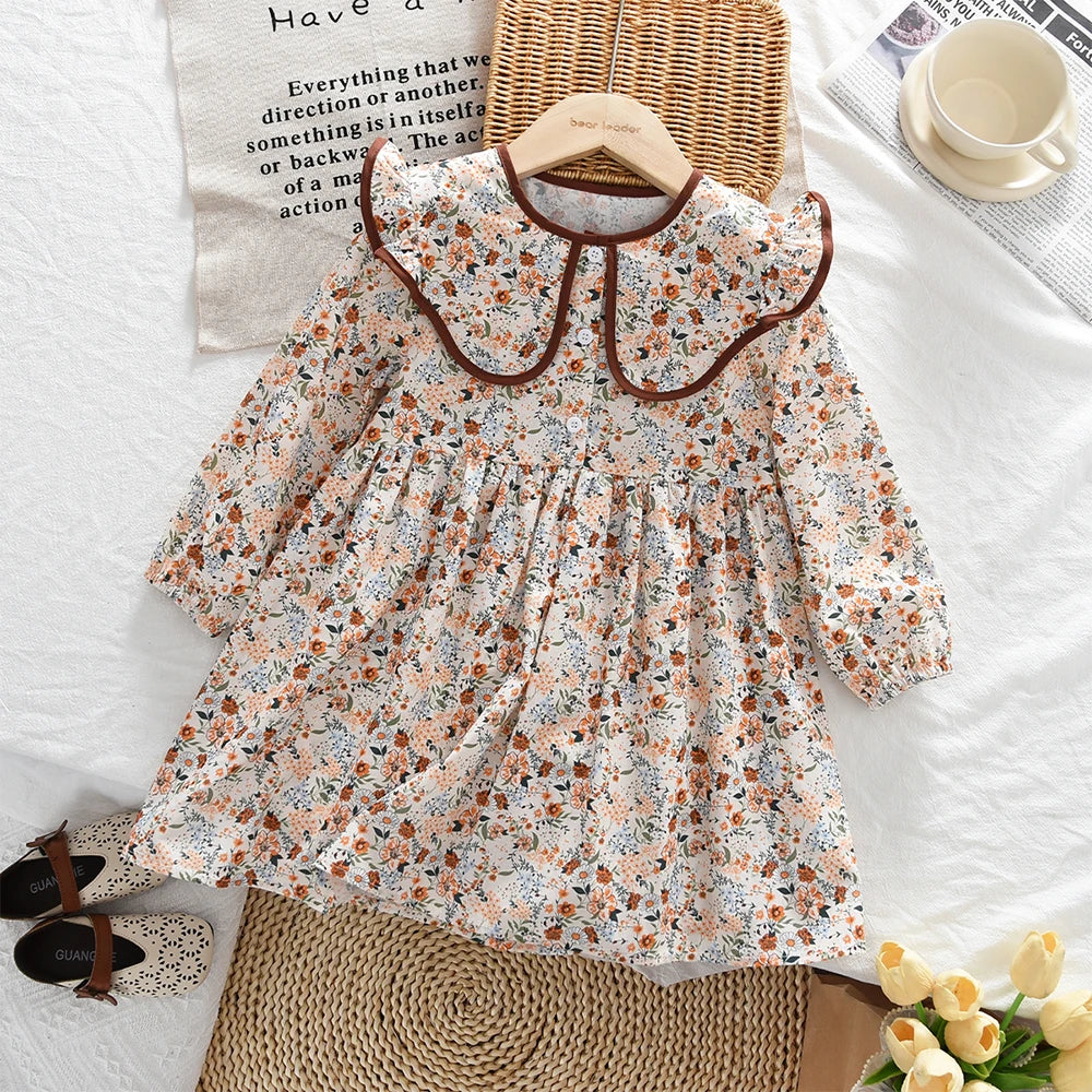 Autumn Spring New Girls' Dress Fashion Cute Doll Neck Flower Print Dress Children's Girls Long Sleeve Princess Dress
