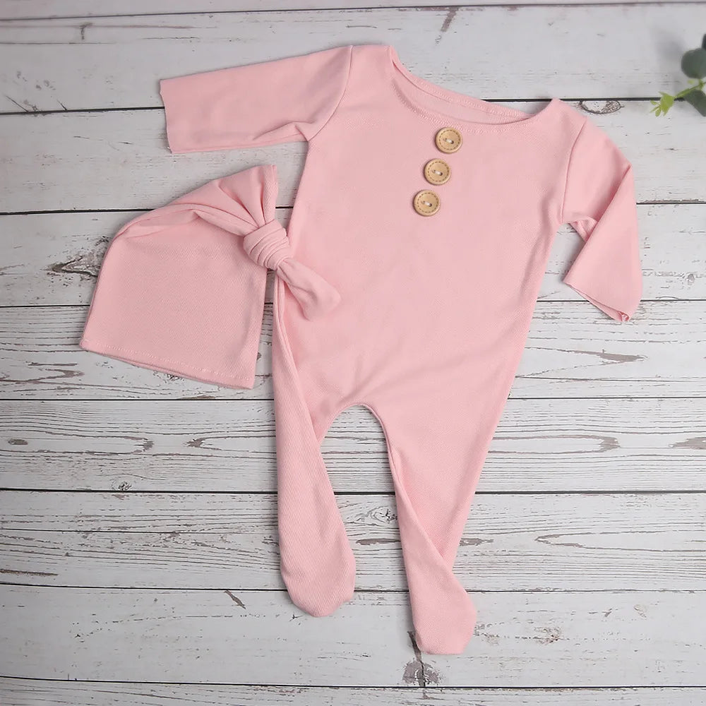 Newborn Photography Props Buttons Footed Jumpsuit with Sleepy Hat Infant Photo Props Pic Idea
