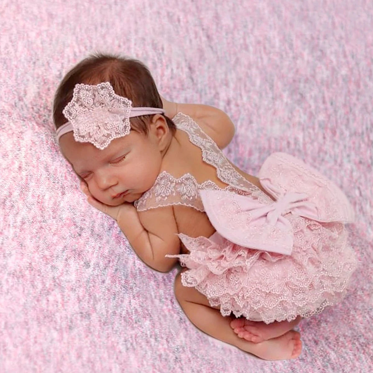 Newborn Photography Outfits Big Bowknot Baby Lace Romper with Hairband Blue Suspender Trousers Photo Shooting Overalls