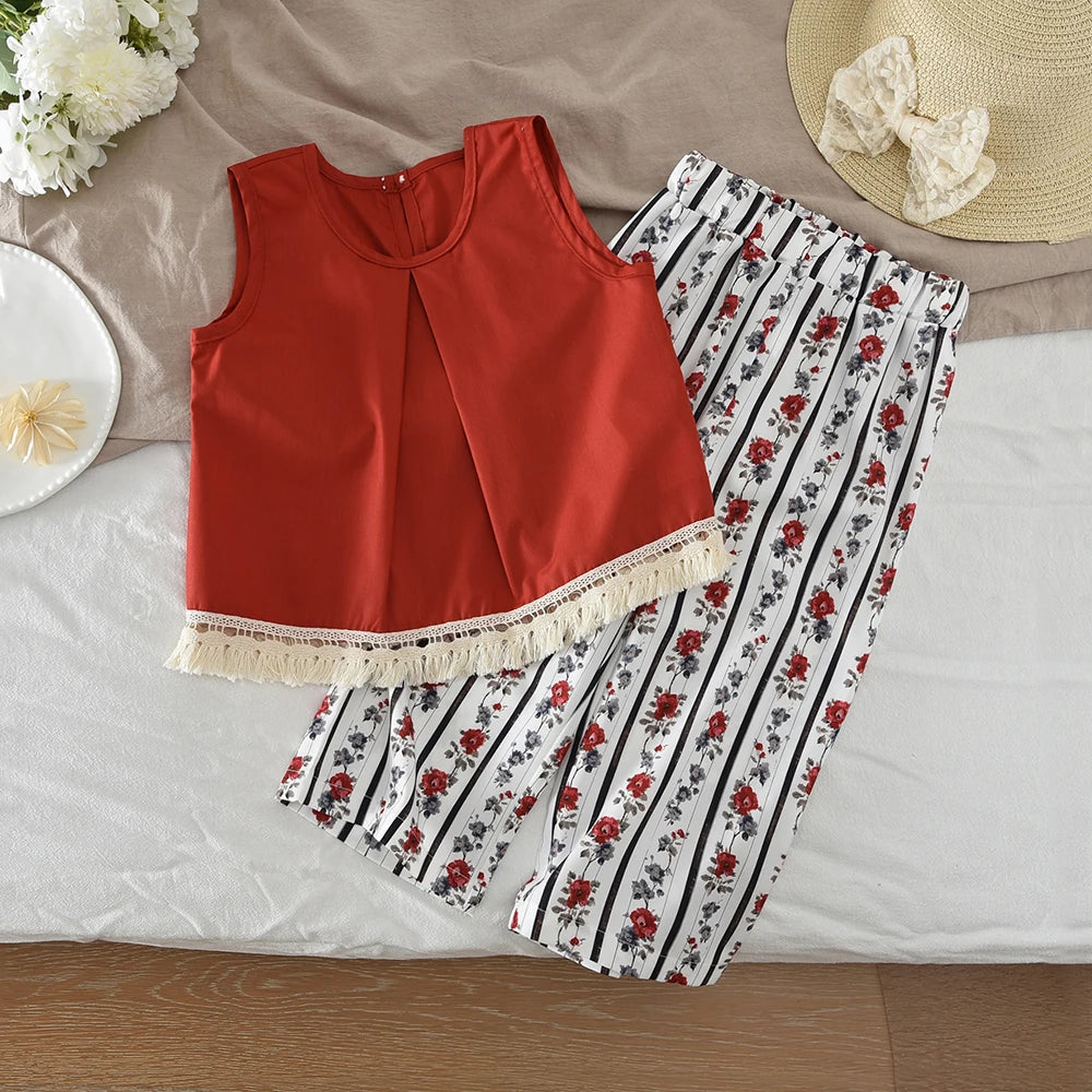 Baby Girl's Casual Clothing Round Neck Sleeveless Polka Dot Top+Wide Leg Pants Set with Bow and Botton 2PCS Set
