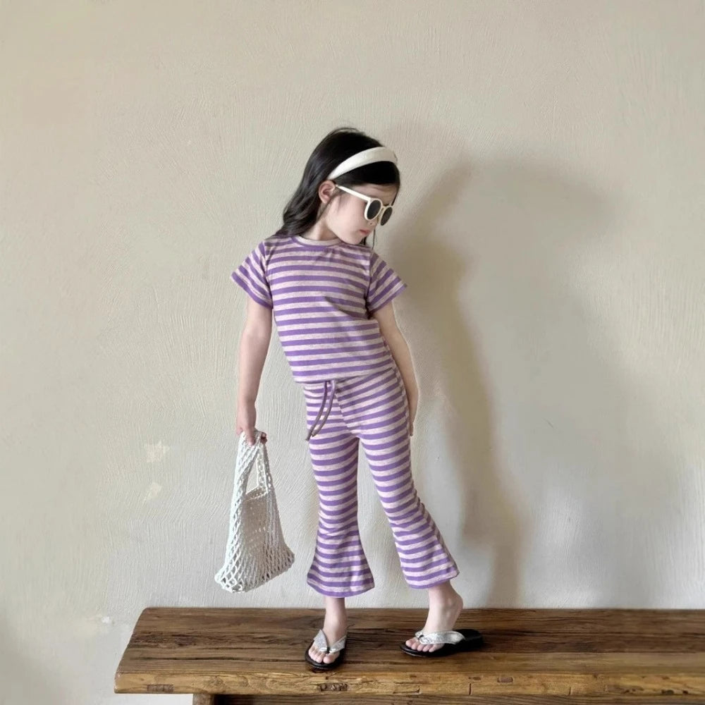 Summer New Easter Girls Casual Suit Korean Stripe Printed Short Sleeved Top+Bell Bottom Pants Fashion Two Piece Set