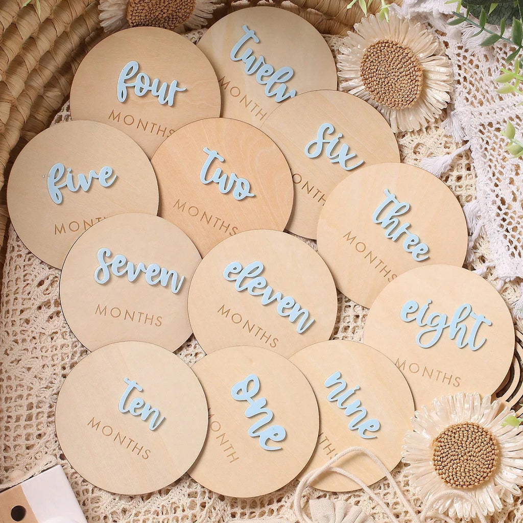 12Pcs 1-12 Month Newborn Monthly Milestone Wooden Cards Dics Baby Keepsakes Newborn Photo Props