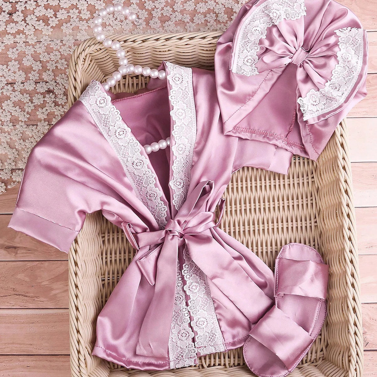 Newborn photography outfits set 1 month 100 days baby girl lace bathrobe with bow turban hat and slippers photo props