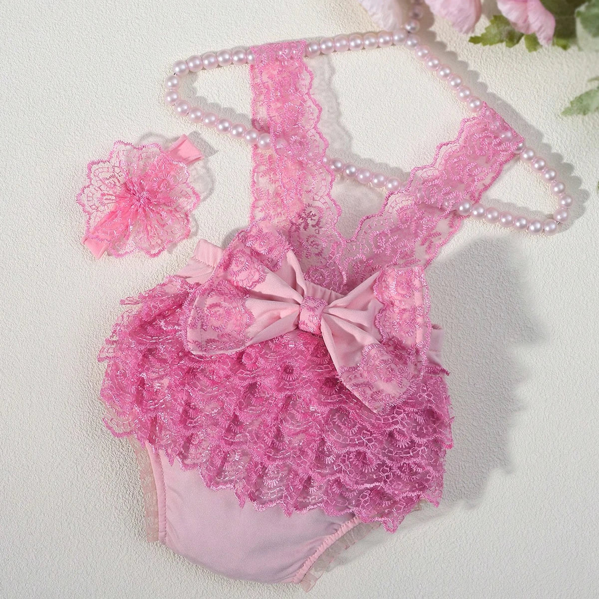 Newborn Photography Outfits Big Bowknot Baby Lace Romper with Hairband Blue Suspender Trousers Photo Shooting Overalls