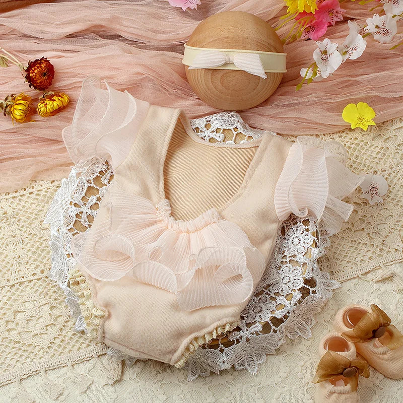 2 Pieces Set Beige Newborn Photography Costume Lace Romper Bow Headband Set Baby Girl Photo Shooting Outfits