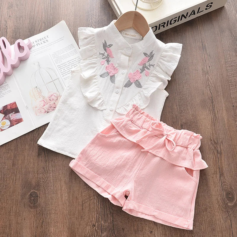 New Casual Children's Embroidered Sleeveless Shirt+Shorts Set Girls' Baby Clothing