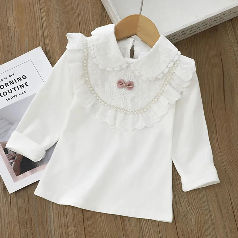Girls' White Long Sleeve Lace Pearl Bow Sweet Shirt Children's Cotton Casual Shirt