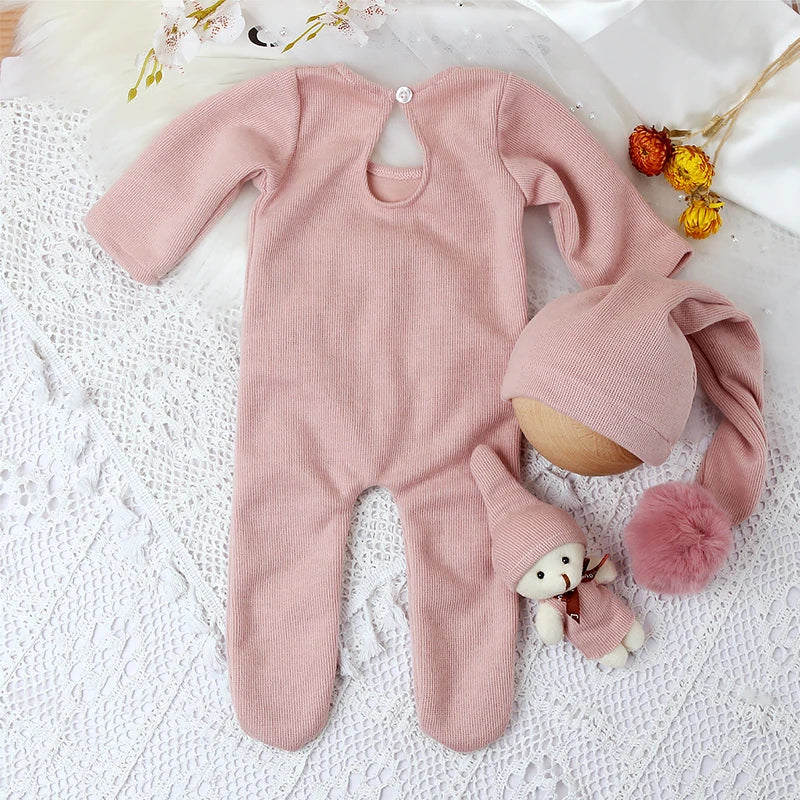 3 Pieces Set Newborn Jumpsuit Tail Pom Hat Set with Mini Doll Pink Baby Photography Outfit New born Girl Photo Props