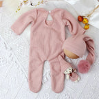 3 Pieces Set Newborn Jumpsuit Tail Pom Hat Set with Mini Doll Pink Baby Photography Outfit New born Girl Photo Props