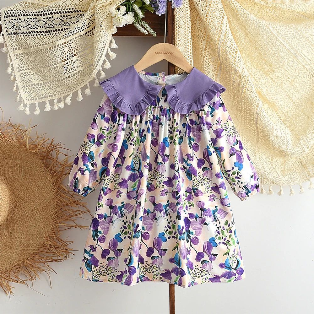 Autumn Spring New Girls' Dress Fashion Cute Doll Neck Flower Print Dress Children's Girls Long Sleeve Princess Dress
