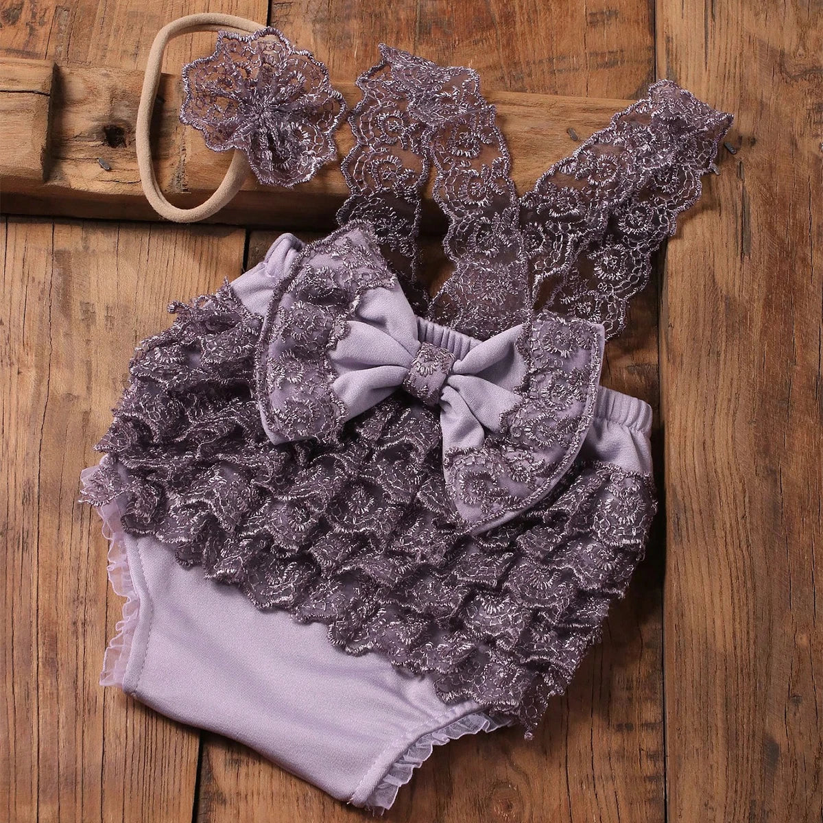 Newborn Photography Outfits Big Bowknot Baby Lace Romper with Hairband Blue Suspender Trousers Photo Shooting Overalls