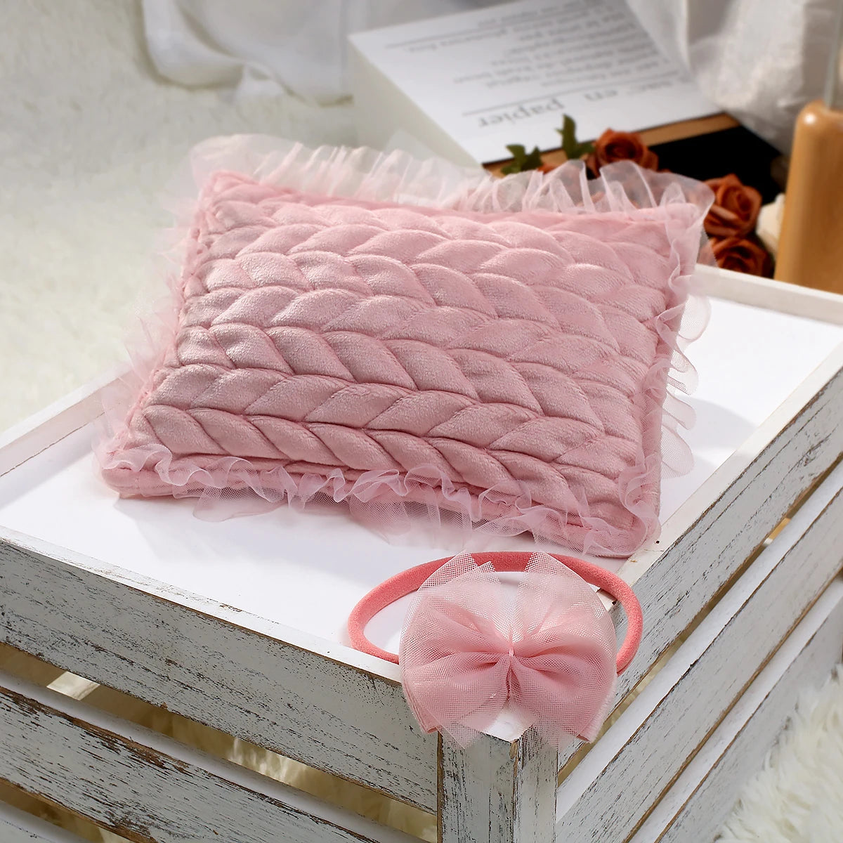 Newborn Photo Props Infant Shooting Posing Pillow with Bow Headband Baby Girl Photography Accessories