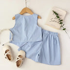 Basic Girls Clothes Korean Version Single Breasted Sleeveless Top+Shorts 2Pcs Sets Gentleman Wedding Boy Suit