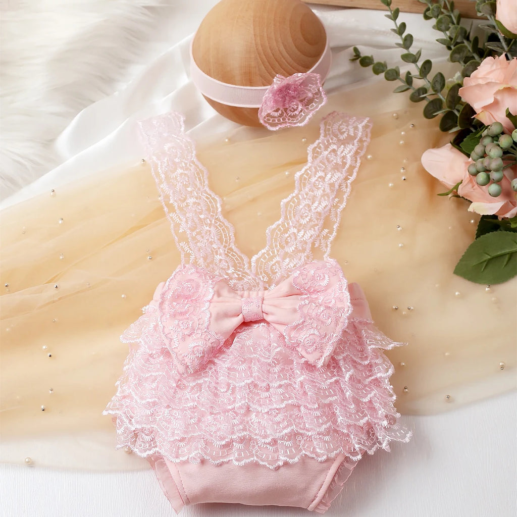 Newborn Photography Outfits Big Bowknot Baby Lace Romper with Hairband Blue Suspender Trousers Photo Shooting Overalls