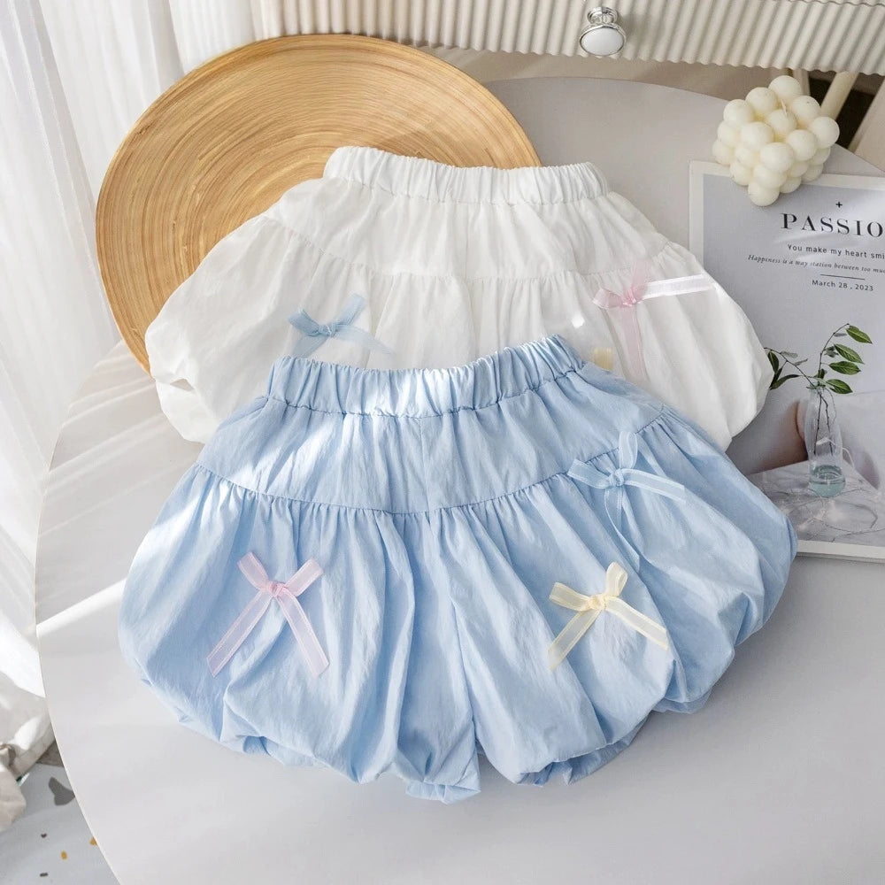 Summer Solid Color Girls Clothes Bow Decorative Shorts Korean Version Casual Folded Children's Clothing 3-7 Years