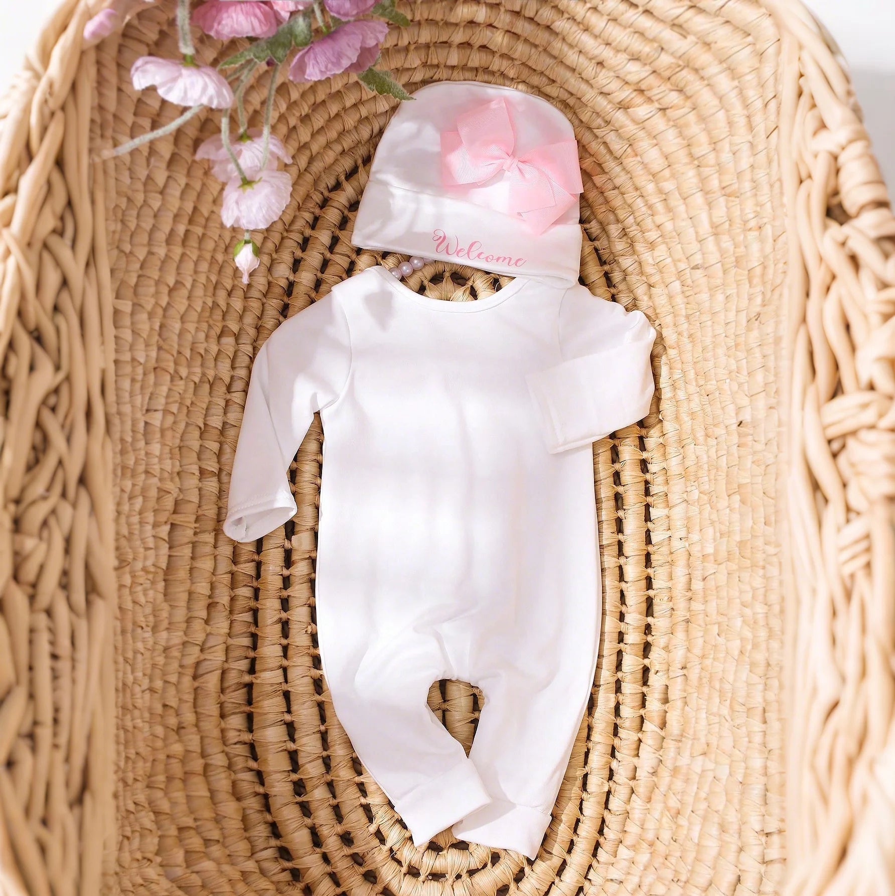 2 Pcs Set Big Bowknot Printed Newborn Girl Photography Romper Baby Long Sleeve Jumpsuit with Matching Hat Infant Props