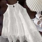 Cut-out Design Girl's Dress 2025 Summer Little Girl Fashion Sling White Holiday Medium Length Vest Dress Girls Dress