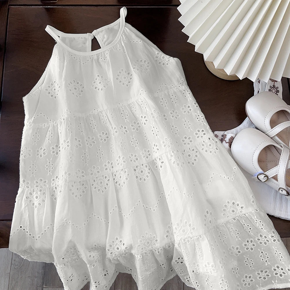 Cut-out Design Girl's Dress 2025 Summer Little Girl Fashion Sling White Holiday Medium Length Vest Dress Girls Dress