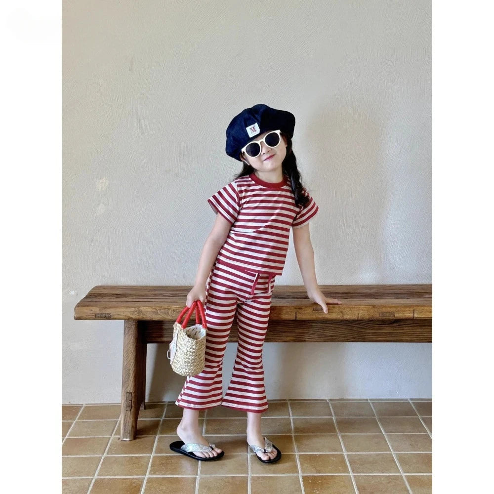 Summer New Easter Girls Casual Suit Korean Stripe Printed Short Sleeved Top+Bell Bottom Pants Fashion Two Piece Set