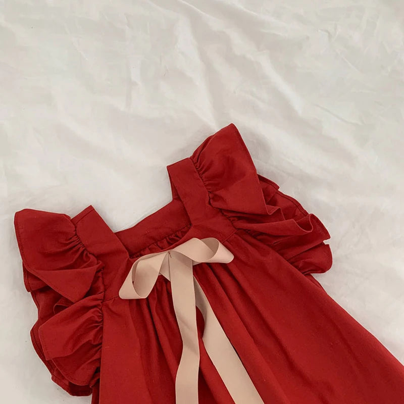 Summer Girls Dresses Flying Sleeve Dress Casual Ruffled Dresses Solid Back Bowknot A Line Baby Dresses Kids Clothes