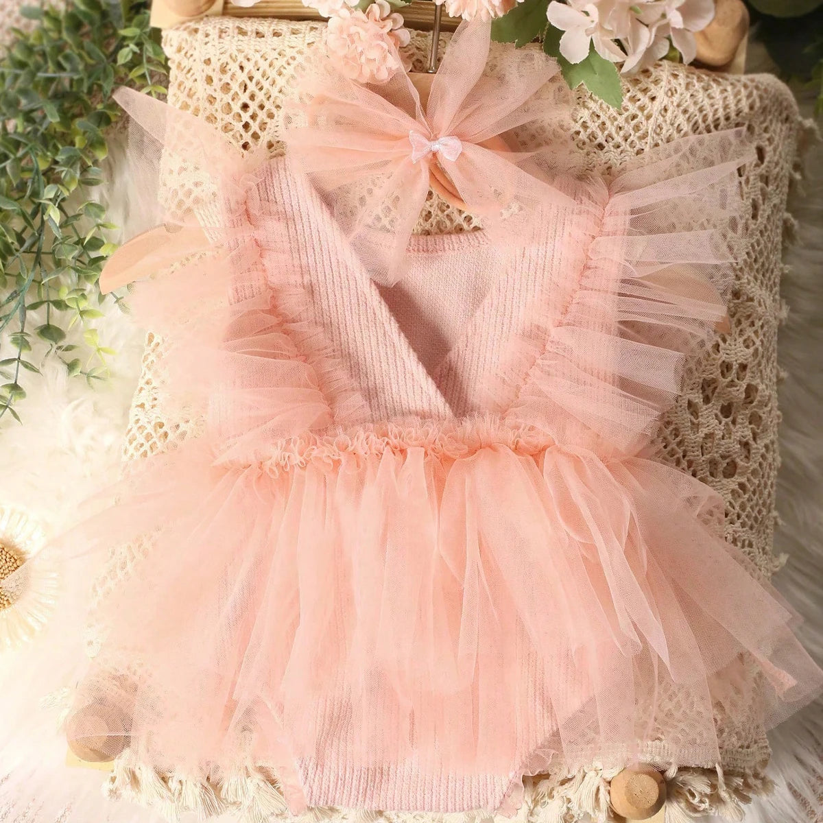 Newborn Outfit for Pictures Knitted Infant Photography Romper with Matching Headbands Mesh Dress Portrait Props