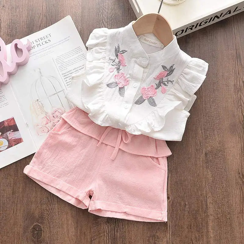 New Casual Children's Embroidered Sleeveless Shirt+Shorts Set Girls' Baby Clothing