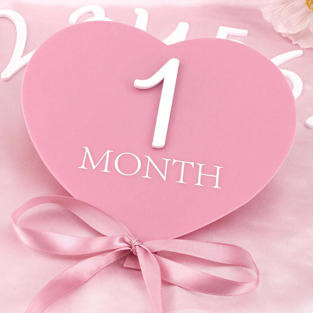 heart shaped pink baby monthly milestone signs pink ribbon newborn monthly photo props  matching with number 0-12