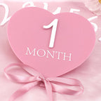 heart shaped pink baby monthly milestone signs pink ribbon newborn monthly photo props  matching with number 0-12