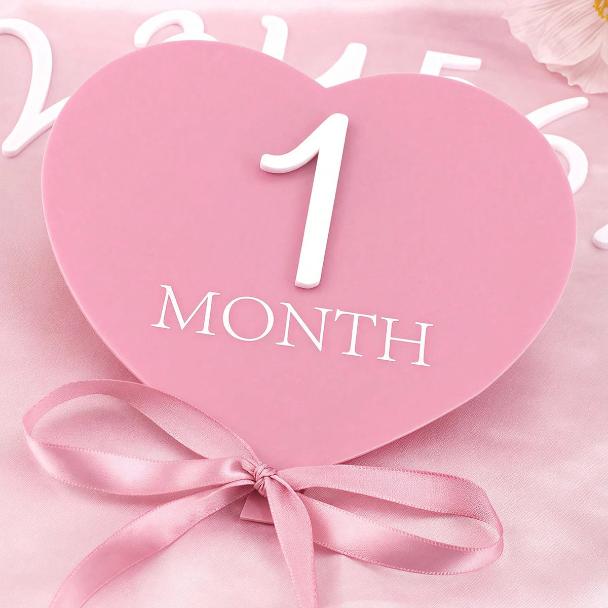 heart shaped pink baby monthly milestone signs pink ribbon newborn monthly photo props  matching with number 0-12