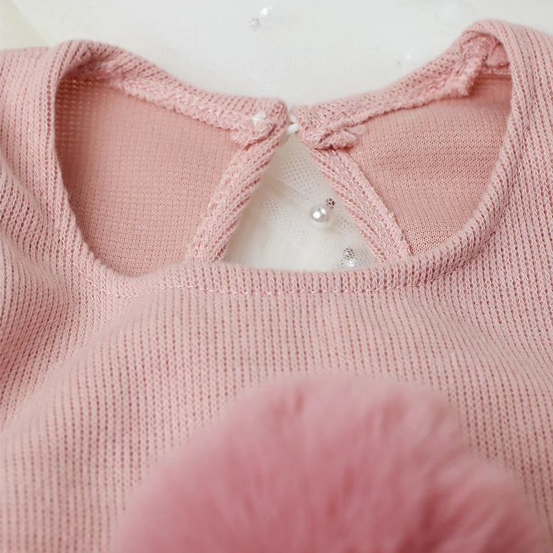 3 Pieces Set Newborn Jumpsuit Tail Pom Hat Set with Mini Doll Pink Baby Photography Outfit New born Girl Photo Props