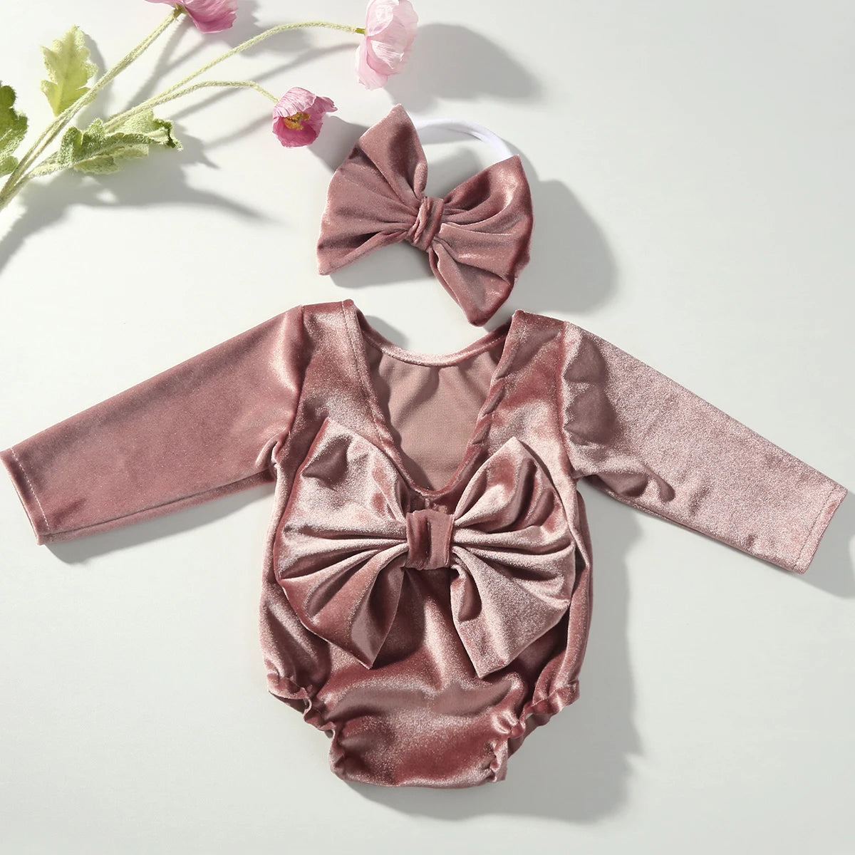 Newborn Girl Photoshoot Outfits Baby Back Bow Knot Romper with Bow Headband Bowknot Infant Photo Props  Picture Costume