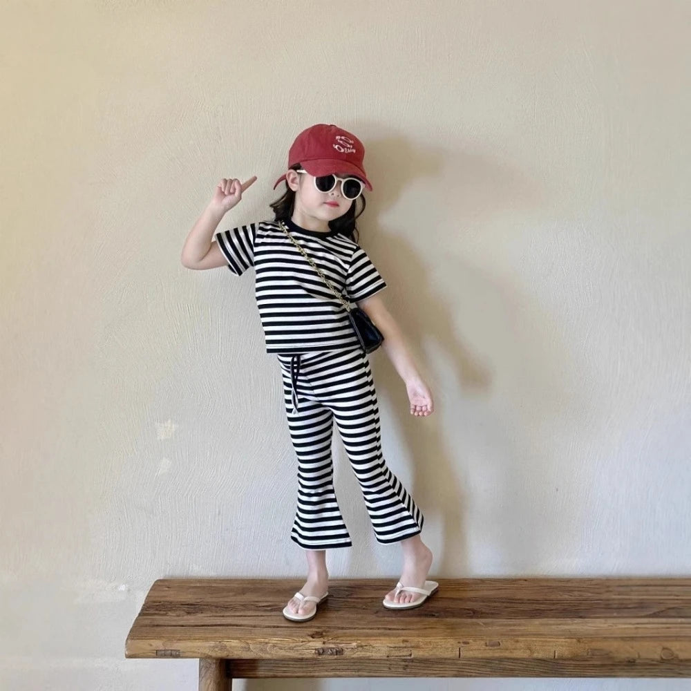 Summer New Easter Girls Casual Suit Korean Stripe Printed Short Sleeved Top+Bell Bottom Pants Fashion Two Piece Set