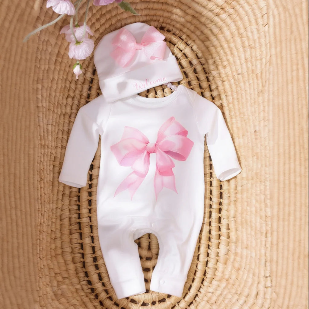 2 Pcs Set Big Bowknot Printed Newborn Girl Photography Romper Baby Long Sleeve Jumpsuit with Matching Hat Infant Props