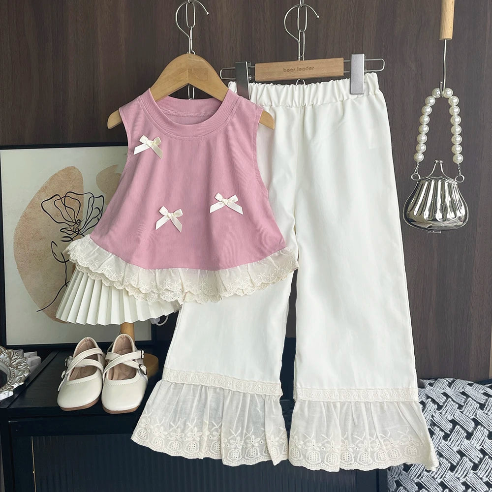 Korean Casual Children's Set Bow Decoration Black Sleeveless Vest+Pants Two-piece Set Lace Stitching Girls Clothes