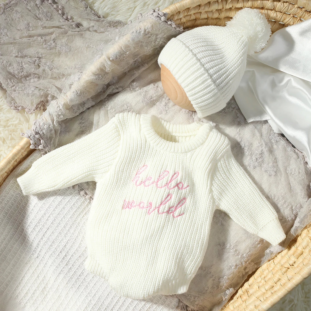 Hello World Knitting Newborn Photography Romper with Matching Pomp Hat Baby Boy Girl Sweater Outfits Photo Shooting-HD
