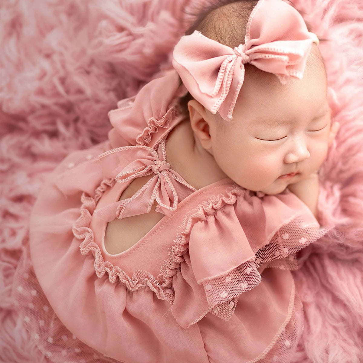 2 Pieces Set Dusty Pink Chiffon Newborn Romper with Bow Hairband Dot Lace Baby Photography Outfits