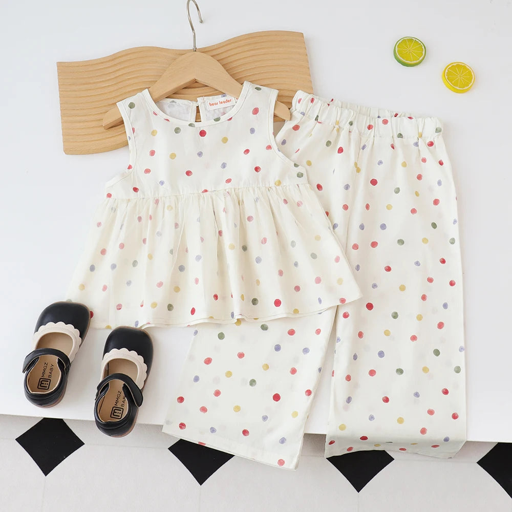 Baby Girl's Casual Clothing Round Neck Sleeveless Polka Dot Top+Wide Leg Pants Set with Bow and Botton 2PCS Set