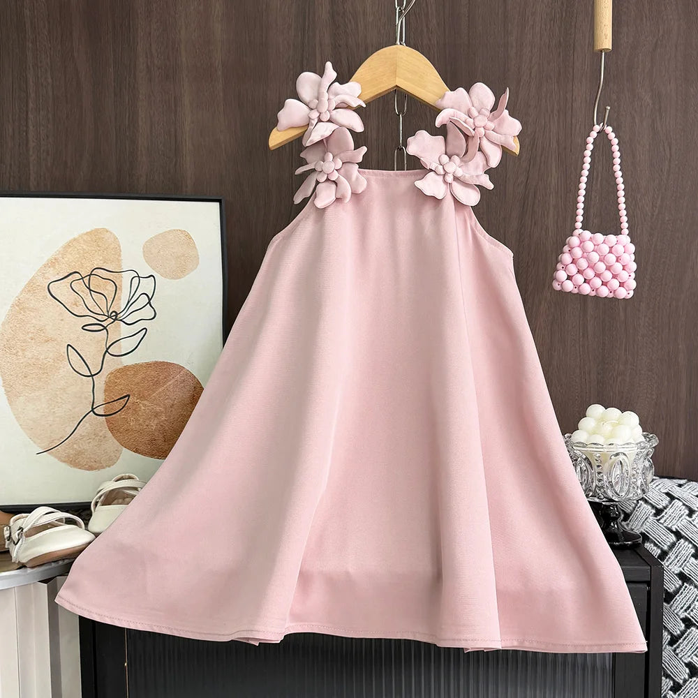 Cut-out Design Girl's Dress 2025 Summer Little Girl Fashion Sling White Holiday Medium Length Vest Dress Girls Dress