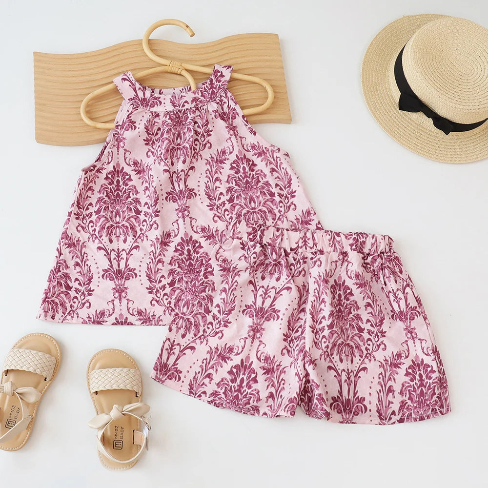 Floral Halterneck Sleeveless Suspender Set Girl Refreshing Shorts Two-Piece Set